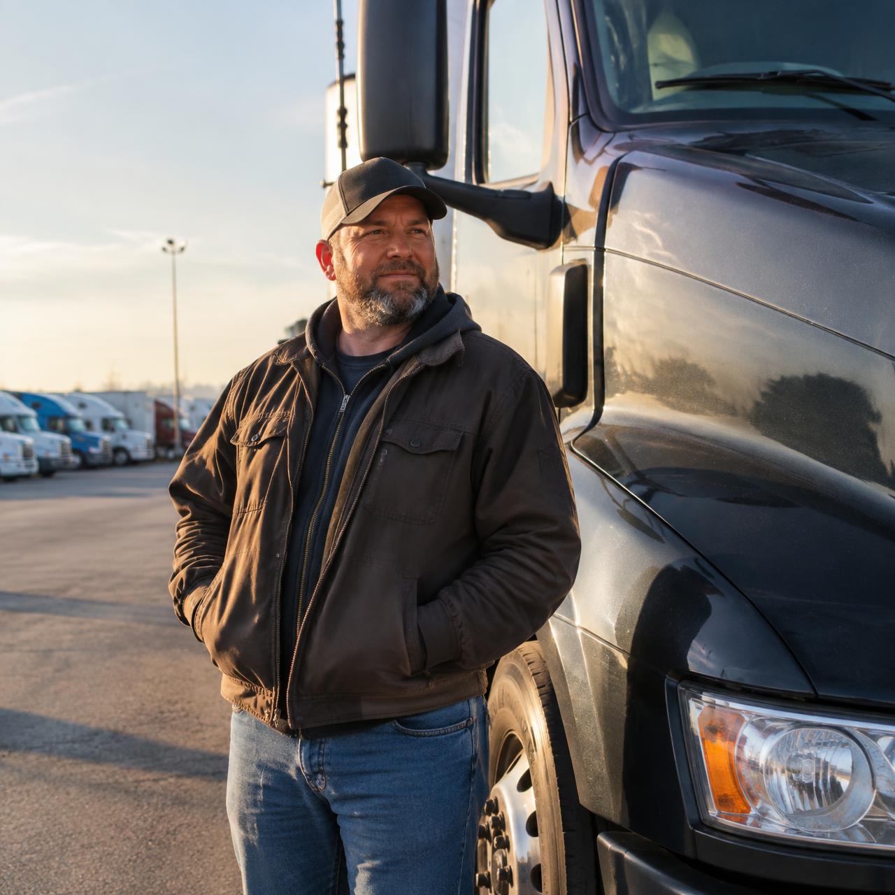 Driver standing beside a truck cab