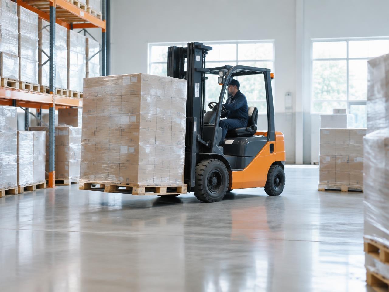 Forklift moving pallets in a warehouse